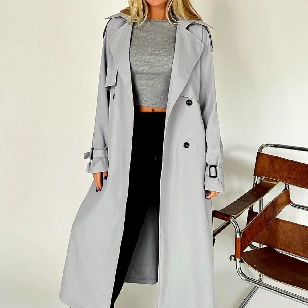 Grey Casual Womens Lapel Neck Raglan Sleeve Belted Trench Coat